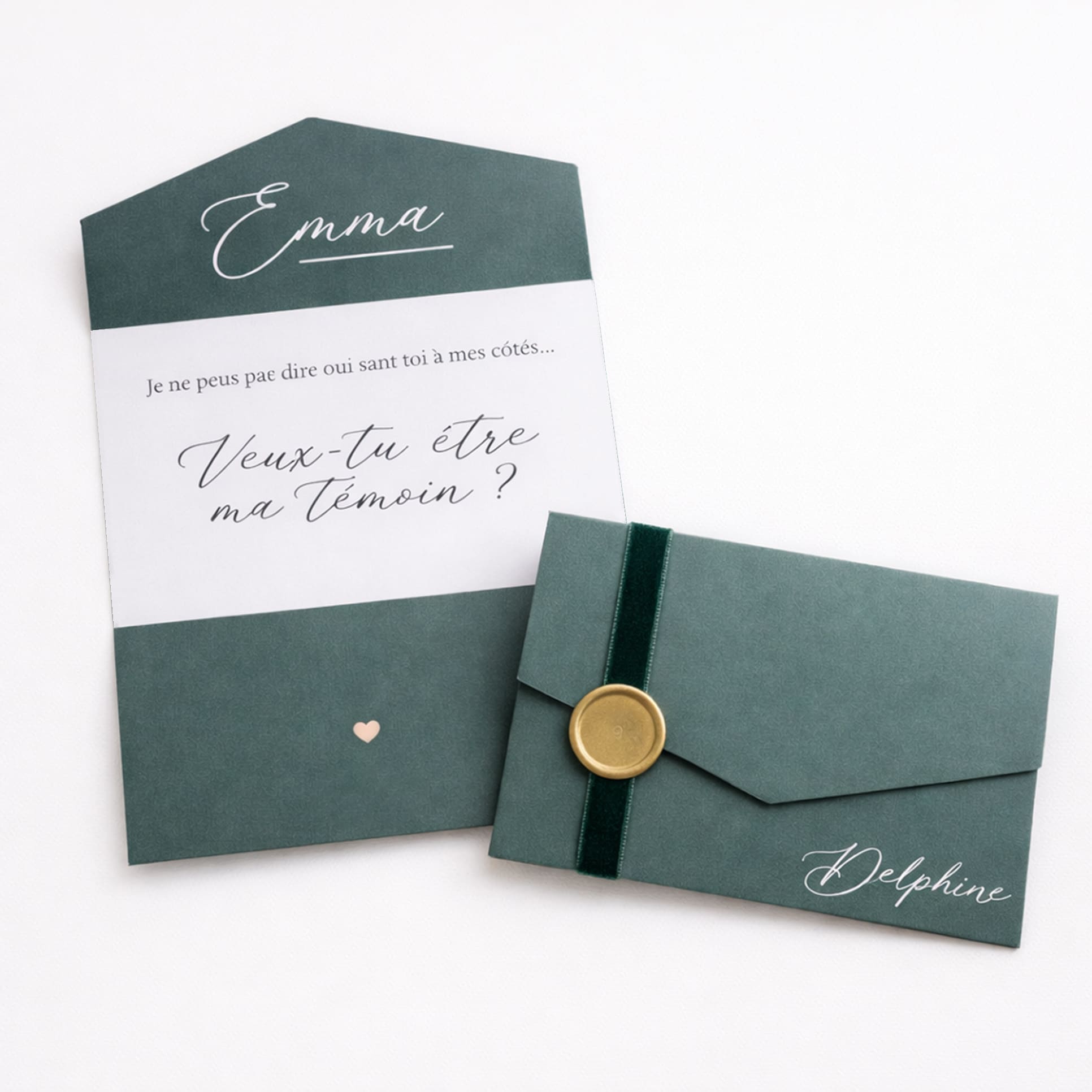 Carte témoin personnalisée avec sceau de cire doré et ruban pour mariage élégant