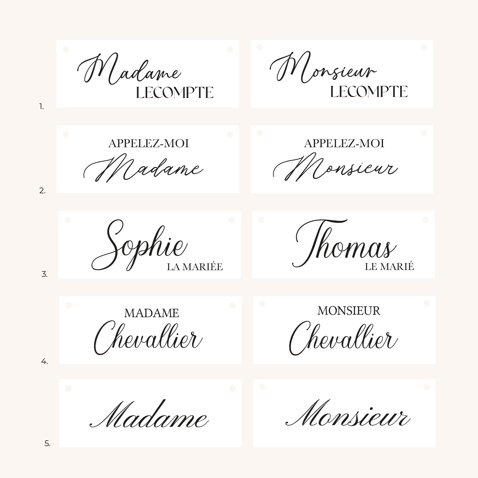 Pancarte chaise mariage personnalisée avec prénoms gravés design aux choix