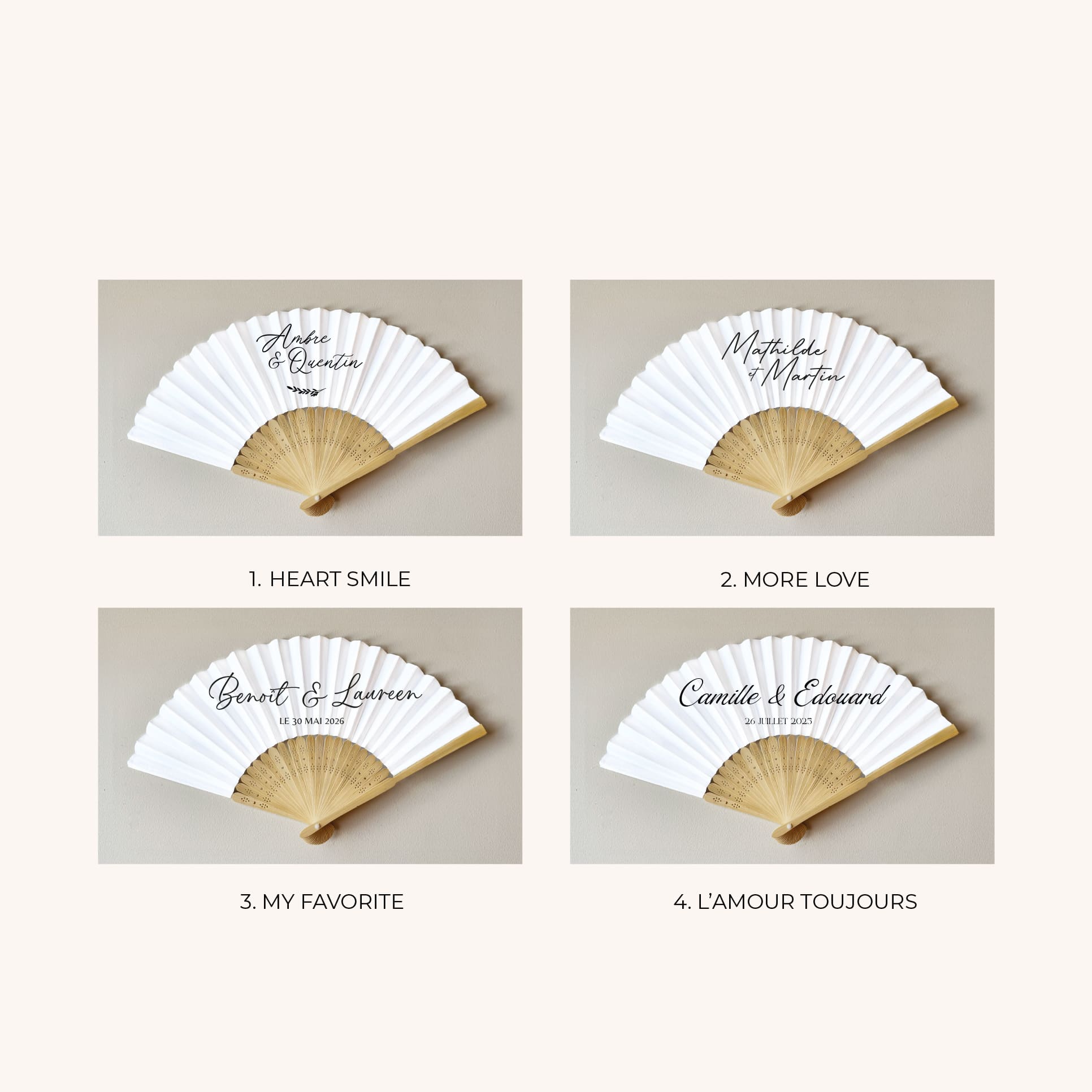 Détail de personnalisation avec prénoms sur éventail mariage en bois