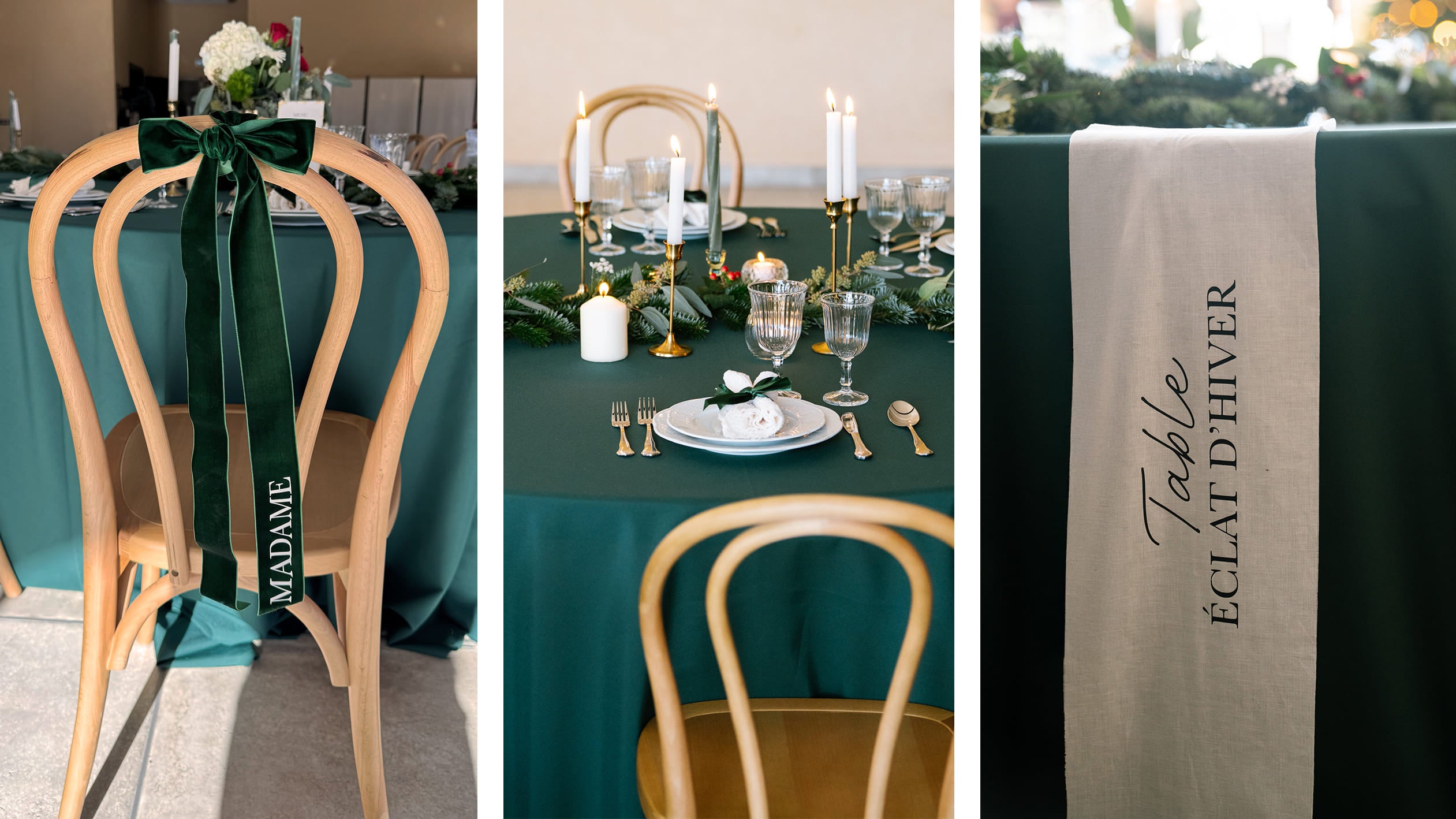 Nœud en velours personnalisé sur une table de mariage élégante, accompagné d’un numéro de table en tissu au style raffiné.
