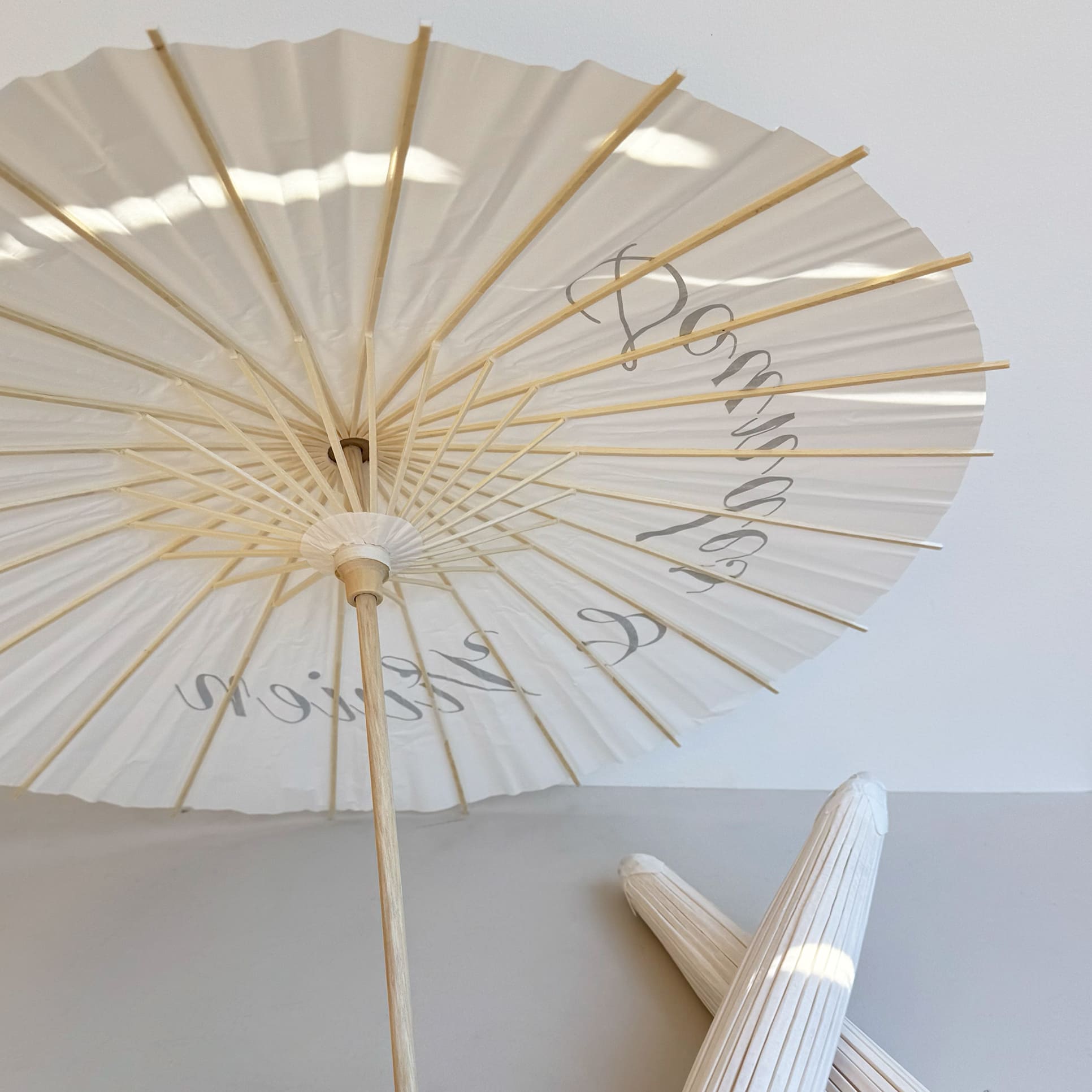 Détail de la personnalisation sur une ombrelle de mariage en papier blanc avec calligraphie élégante.