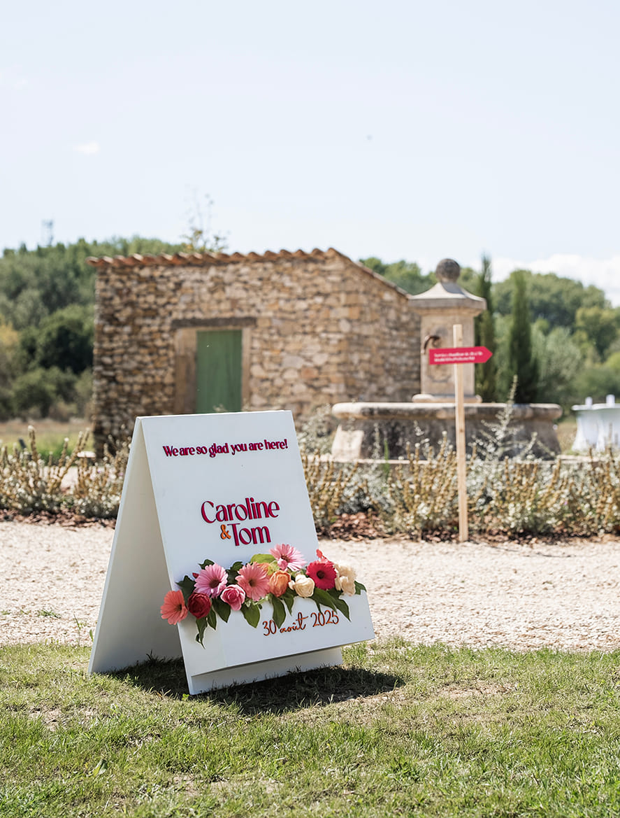 Panneau de bienvenue mariage fleuri coloré, personnalisé, Var
