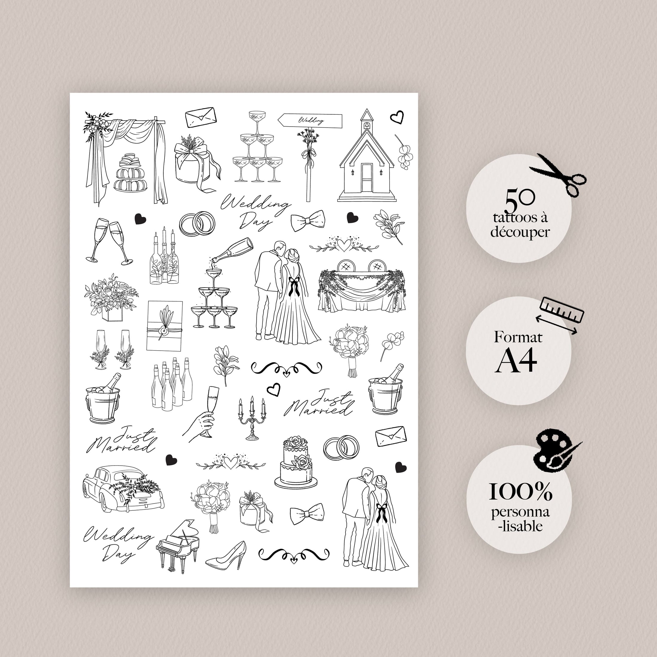 Tatouages éphémères mariage avec illustrations fines et élégantes