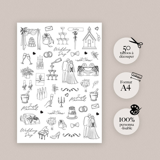 Tatouages éphémères mariage avec illustrations fines et élégantes