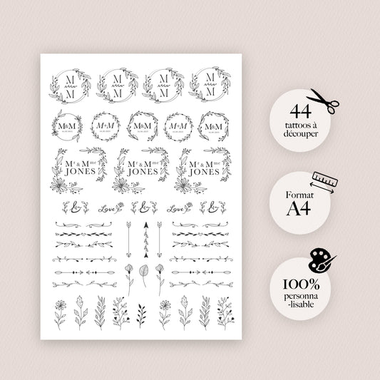 Tatouages mariage élégants avec feuillage illustré et initiales