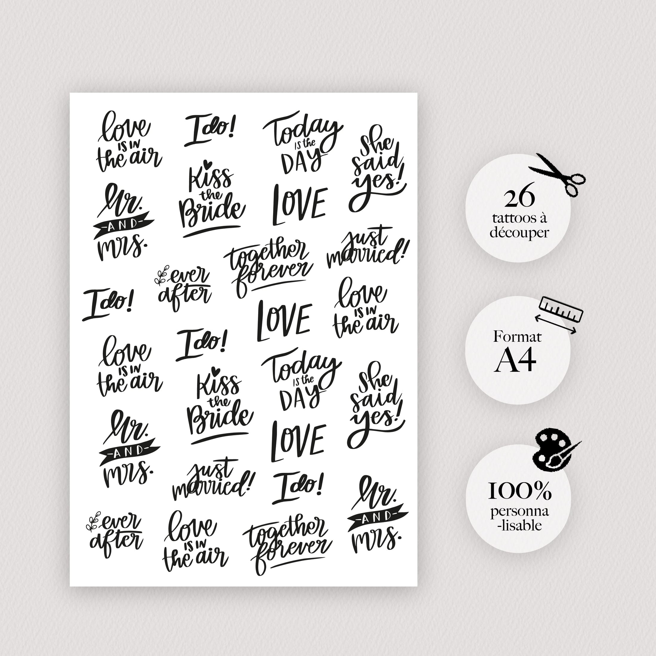 Tatouages mariage avec citations love et typographie manuscrite