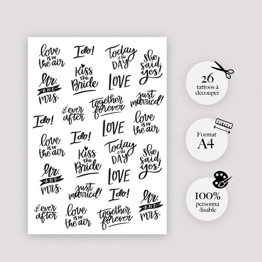Tatouages mariage avec citations love et typographie manuscrite